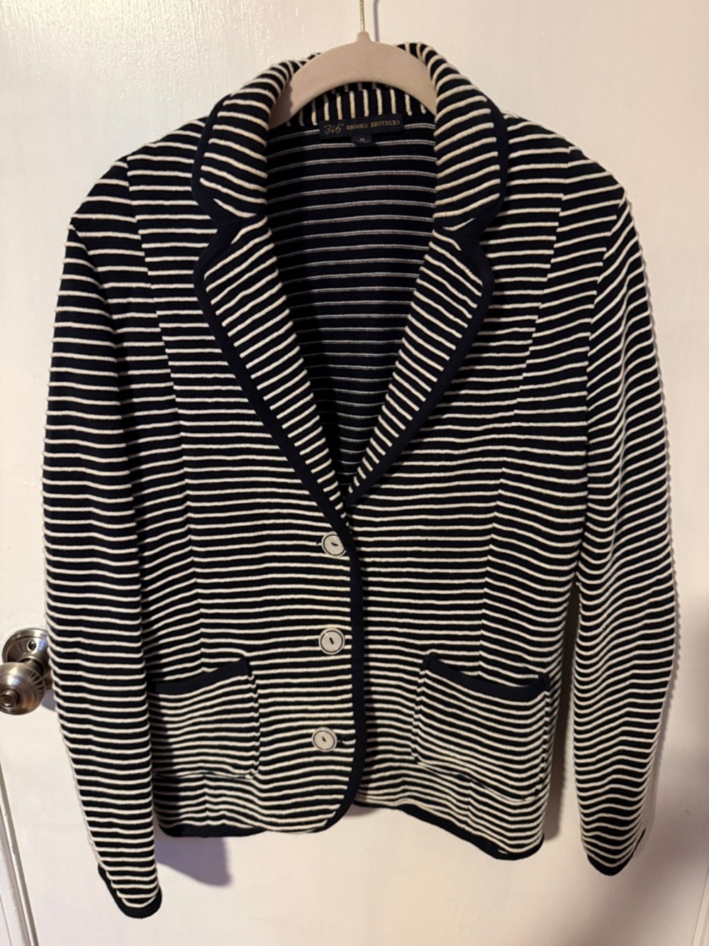 Brooks Brothers Navy & White Striped Knit Blazer with Piped Trim